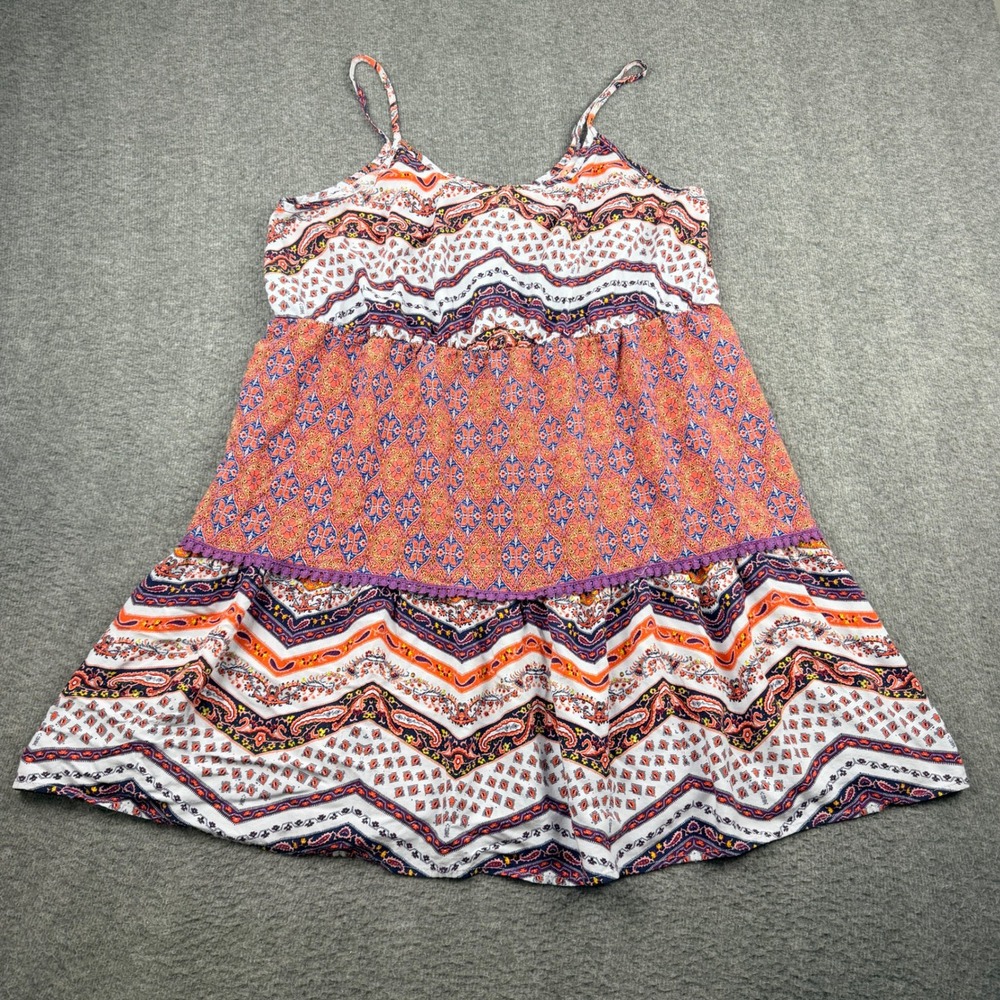 Mossimo Supply Co Womens XL Boho Tiered Paisley Sun Dress Orange Purple Pom Trim